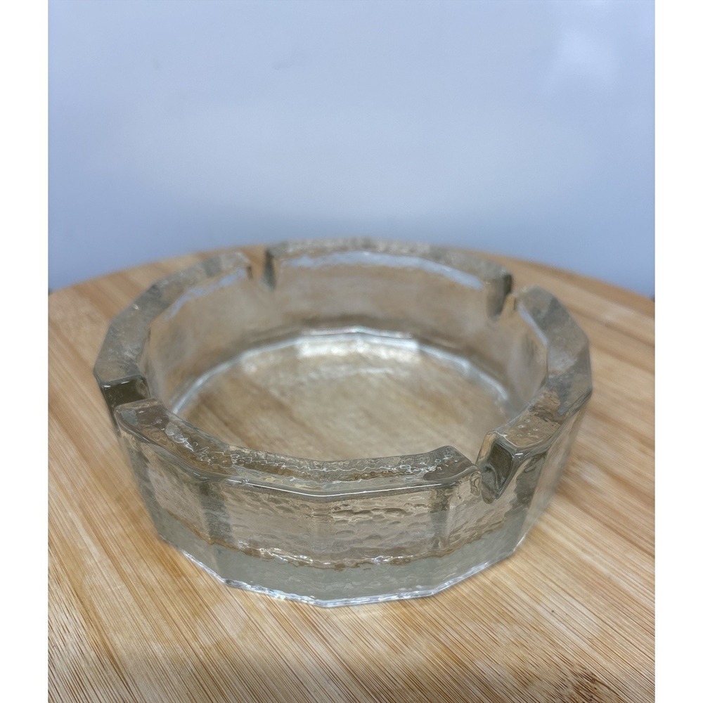 Vintage MCM Blenko Art Glass Ashtray Clear Pebbled Textured Dodecagon Shape
